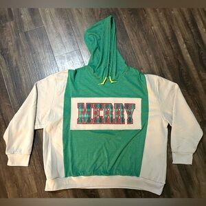 Christmas Flannel Sweatshirt Oversized Upcycled MERRY Green Tan Womens XXL